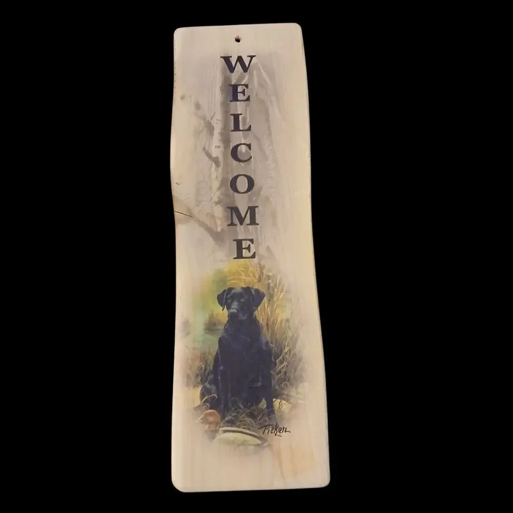Welcome Wall Plaque Hand Painted Black Lab Dog Signed Gift Wood Graphixs Inc 18